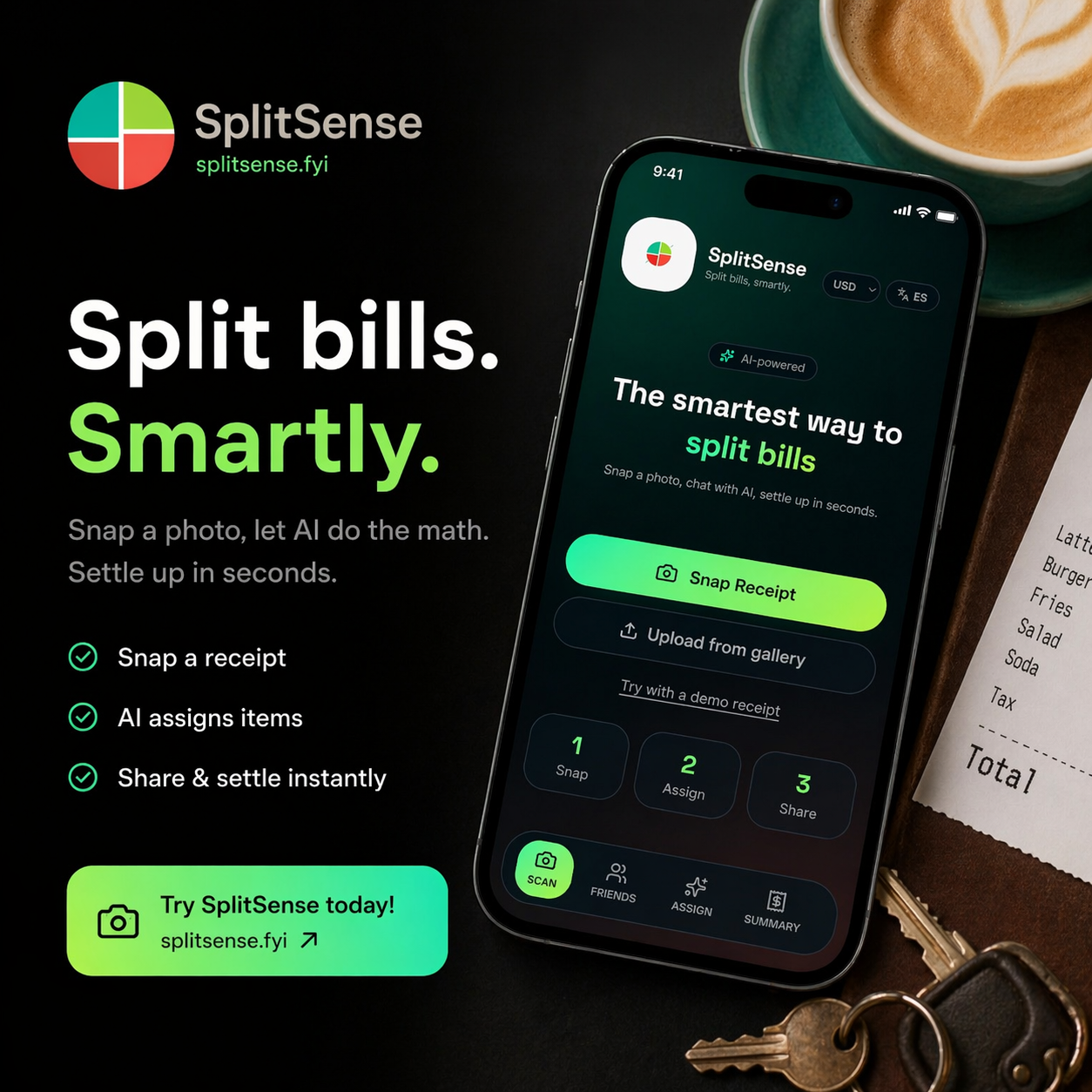 SplitSense app shown on a phone next to a receipt